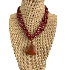 Red Beaded Multi-Strand Necklace With Agate Pendant & Adjustable Clasp 14" + 2"